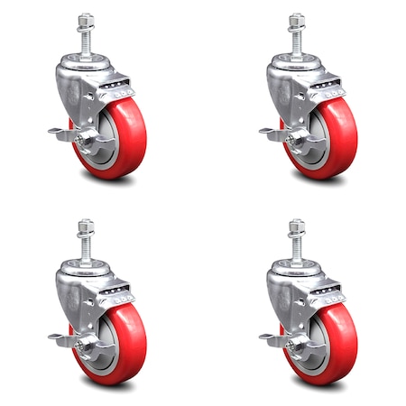 Service Caster 4 Inch Red Polyurethane Swivel 10mm Threaded Stem Caster Set with Brake SCC-TS20S414-PPUB-RED-TLB-M1015-4